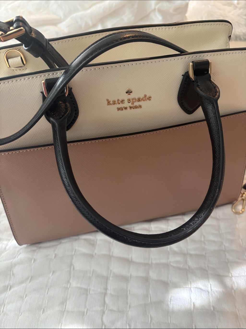 Kate Spade Two-Tone Cream & Beige Satchel With Black Handles And Matching Wallet